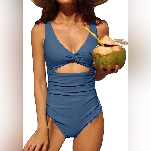 Twist V Cut-Out Ruched Swimsuit - Picture 1 of 9